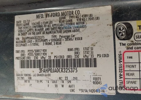 2012 Ford Fusion Sel from USA, damaged, VIN 3FAHP0JA0CR325375